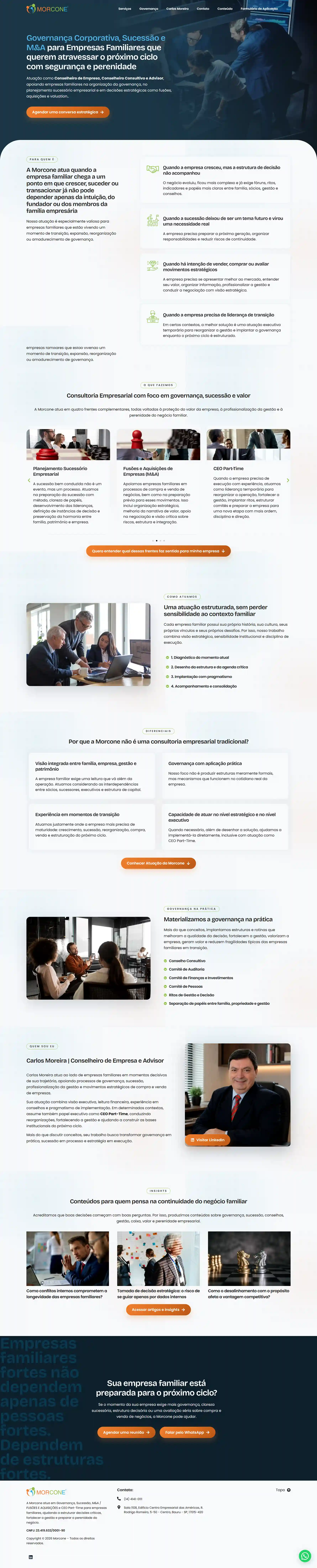 Landing page Morcone para advisor, governança corporativa e sucessão empresarial
