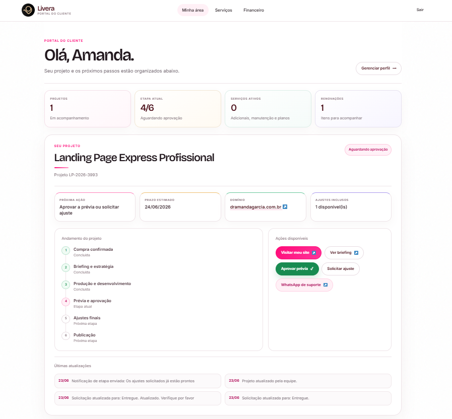 Portal do Cliente Livera com status do projeto, briefing, ações e renovação
