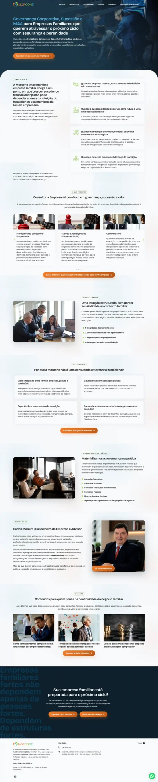 Landing page Morcone para advisor, governança corporativa e sucessão empresarial